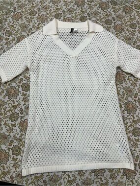 Divided Cream Open-Knit V-Neck Polo Swim Coverup